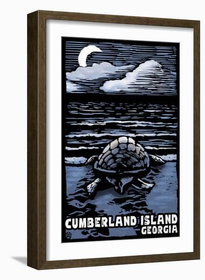 Cumberland Island, Georgia - Sea Turtle on Beach - Scratchboard-Lantern Press-Framed Art Print