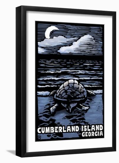 Cumberland Island, Georgia - Sea Turtle on Beach - Scratchboard-Lantern Press-Framed Art Print