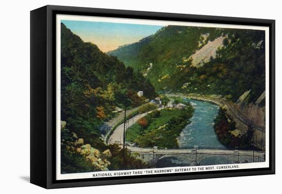 Cumberland, Maryland - National Road Through the Narrows Scene-Lantern Press-Framed Stretched Canvas