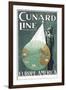 Cunard Line Poster Advertising Travel Between Europe and America-null-Framed Art Print