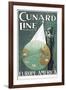 Cunard Line Poster Advertising Travel Between Europe and America-null-Framed Art Print