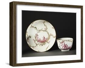 Cup and Saucer Decorated with Green Foliage and Figures of Soldiers in Red, 1760-null-Framed Giclee Print