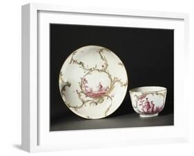Cup and Saucer Decorated with Green Foliage and Figures of Soldiers in Red, 1760-null-Framed Giclee Print