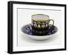 Cup and Saucer Decorated with Palmettes and Tendrils on Blue Background-null-Framed Giclee Print