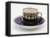 Cup and Saucer Decorated with Palmettes and Tendrils on Blue Background-null-Framed Stretched Canvas