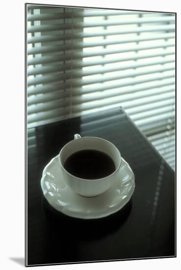 Cup of Coffee and Venetian Blinds-null-Mounted Art Print