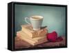 Cup of Coffee Standing on Old Books and Wool Heart-egal-Framed Stretched Canvas