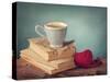 Cup of Coffee Standing on Old Books and Wool Heart-egal-Stretched Canvas