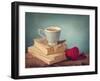 Cup of Coffee Standing on Old Books and Wool Heart-egal-Framed Photographic Print