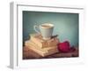 Cup of Coffee Standing on Old Books and Wool Heart-egal-Framed Photographic Print
