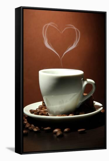 Cup Of Coffee With Smoke In Shape Of Heart On Brown Background-Yastremska-Framed Stretched Canvas