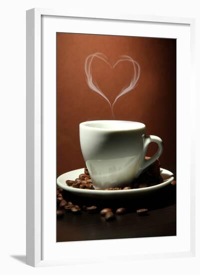 Cup Of Coffee With Smoke In Shape Of Heart On Brown Background-Yastremska-Framed Art Print