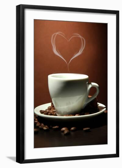 Cup Of Coffee With Smoke In Shape Of Heart On Brown Background-Yastremska-Framed Art Print