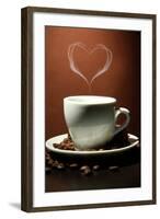 Cup Of Coffee With Smoke In Shape Of Heart On Brown Background-Yastremska-Framed Art Print