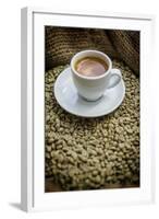 Cup of Espresso on a Sack with Unroasted Coffee Beans-Bernd Wittelsbach-Framed Photographic Print