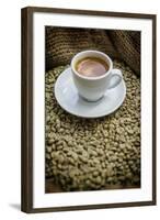 Cup of Espresso on a Sack with Unroasted Coffee Beans-Bernd Wittelsbach-Framed Photographic Print