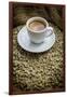 Cup of Espresso on a Sack with Unroasted Coffee Beans-Bernd Wittelsbach-Framed Photographic Print