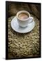 Cup of Espresso on a Sack with Unroasted Coffee Beans-Bernd Wittelsbach-Framed Photographic Print