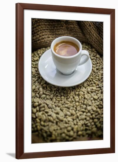 Cup of Espresso on a Sack with Unroasted Coffee Beans-Bernd Wittelsbach-Framed Photographic Print