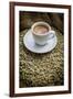 Cup of Espresso on a Sack with Unroasted Coffee Beans-Bernd Wittelsbach-Framed Photographic Print