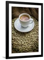 Cup of Espresso on a Sack with Unroasted Coffee Beans-Bernd Wittelsbach-Framed Photographic Print