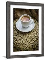 Cup of Espresso on a Sack with Unroasted Coffee Beans-Bernd Wittelsbach-Framed Photographic Print