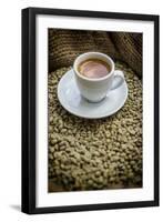 Cup of Espresso on a Sack with Unroasted Coffee Beans-Bernd Wittelsbach-Framed Premium Photographic Print