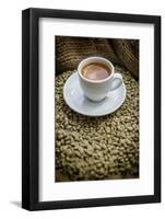 Cup of Espresso on a Sack with Unroasted Coffee Beans-Bernd Wittelsbach-Framed Photographic Print