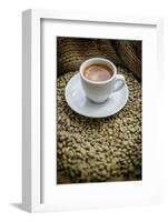 Cup of Espresso on a Sack with Unroasted Coffee Beans-Bernd Wittelsbach-Framed Photographic Print