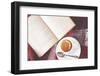 Cup of Hot Tea and Reading on a Blanket, Instagram Style Toned. Top View Point.-alenkasm-Framed Photographic Print