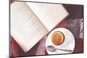 Cup of Hot Tea and Reading on a Blanket, Instagram Style Toned. Top View Point.-alenkasm-Mounted Photographic Print