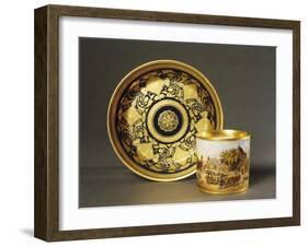 Cup with View of Castle and Blue and Gold Plate with Leaf Motifs, Ceramic, 1790-null-Framed Giclee Print