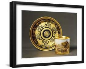 Cup with View of Castle and Blue and Gold Plate with Leaf Motifs, Ceramic, 1790-null-Framed Giclee Print