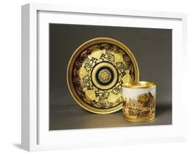 Cup with View of Castle and Blue and Gold Plate with Leaf Motifs, Ceramic, 1790-null-Framed Giclee Print