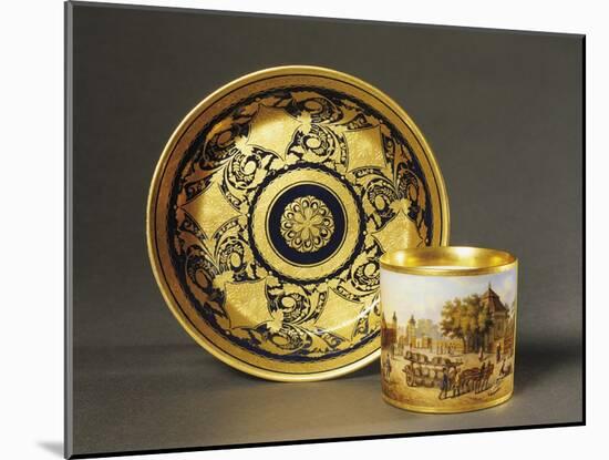 Cup with View of Castle and Blue and Gold Plate with Leaf Motifs, Ceramic, 1790-null-Mounted Giclee Print