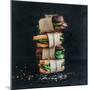 Cured Chicken and Spinach Whole Grain Sandwich Tower with Spices and Black Stone Background-Foxys Forest Manufacture-Mounted Photographic Print