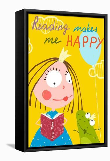 Curious Funny Little Girl Reading Fairy Tale Book to a Frog. Colorful Drawing for Children Holiday-Popmarleo-Framed Stretched Canvas