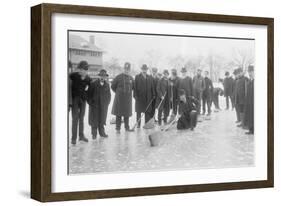 Curling in Central Park with Men Having Brooms at the Ready over the Ice.-null-Framed Art Print