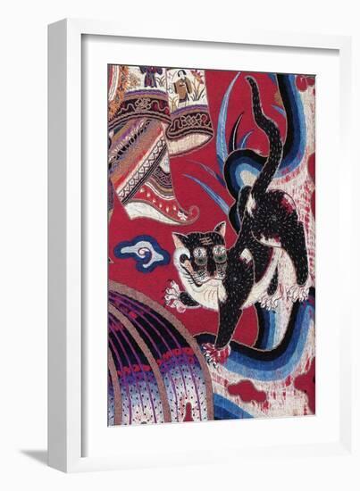 Curtain Cat-null-Framed Art Print