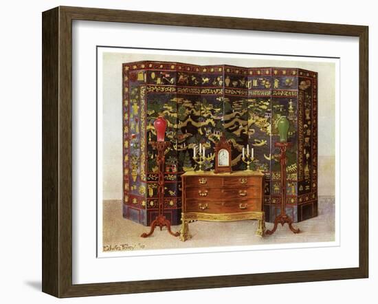 Curved Commode Table and Chinese Lacquered Eight Fold Screen, 1911-1912-Edwin Foley-Framed Giclee Print