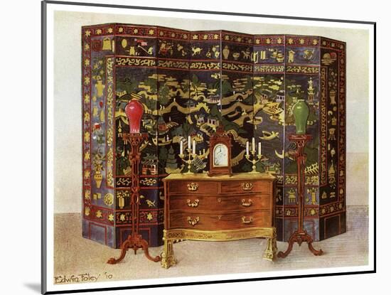 Curved Commode Table and Chinese Lacquered Eight Fold Screen, 1911-1912-Edwin Foley-Mounted Giclee Print