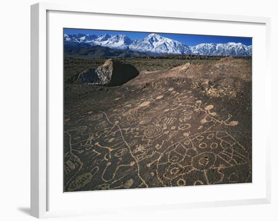 Curvilinear Abstract-Style Petroglyphs and Eastern Sierra Mountains, Bishop, California, Usa-Dennis Flaherty-Framed Photographic Print