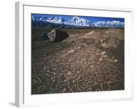 Curvilinear Abstract-Style Petroglyphs and Eastern Sierra Mountains, Bishop, California, Usa-Dennis Flaherty-Framed Photographic Print