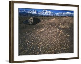 Curvilinear Abstract-Style Petroglyphs and Eastern Sierra Mountains, Bishop, California, Usa-Dennis Flaherty-Framed Photographic Print