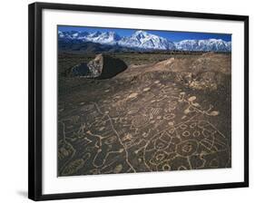 Curvilinear Abstract-Style Petroglyphs and Eastern Sierra Mountains, Bishop, California, Usa-Dennis Flaherty-Framed Photographic Print