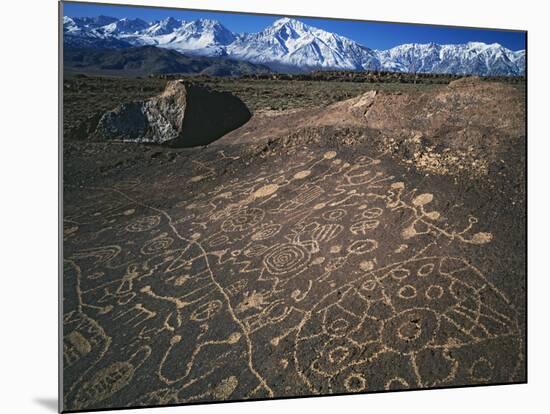 Curvilinear Abstract-Style Petroglyphs and Eastern Sierra Mountains, Bishop, California, Usa-Dennis Flaherty-Mounted Photographic Print