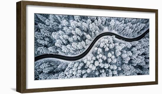 Curvy Windy Road in Snow Covered Forest, Top down Aerial View-merc67-Framed Photographic Print