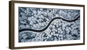 Curvy Windy Road in Snow Covered Forest, Top down Aerial View-merc67-Framed Photographic Print