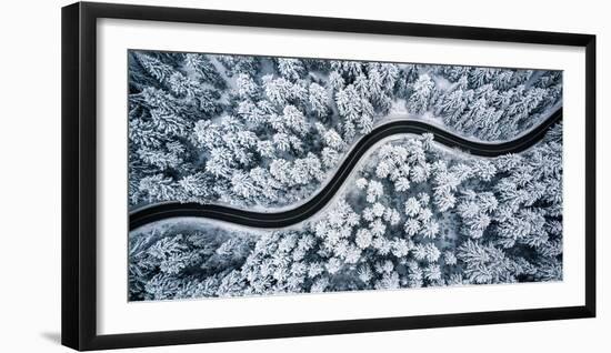 Curvy Windy Road in Snow Covered Forest, Top down Aerial View-merc67-Framed Photographic Print