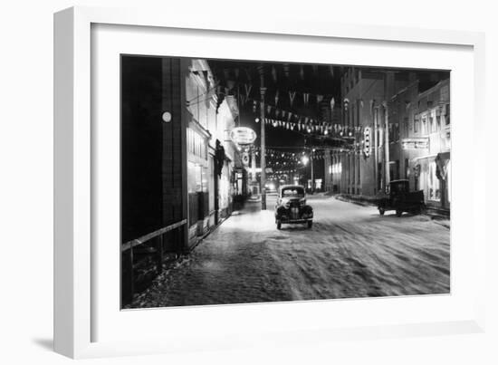 Cushman Street with Snow and Cars - Fairbanks, AK-Lantern Press-Framed Art Print